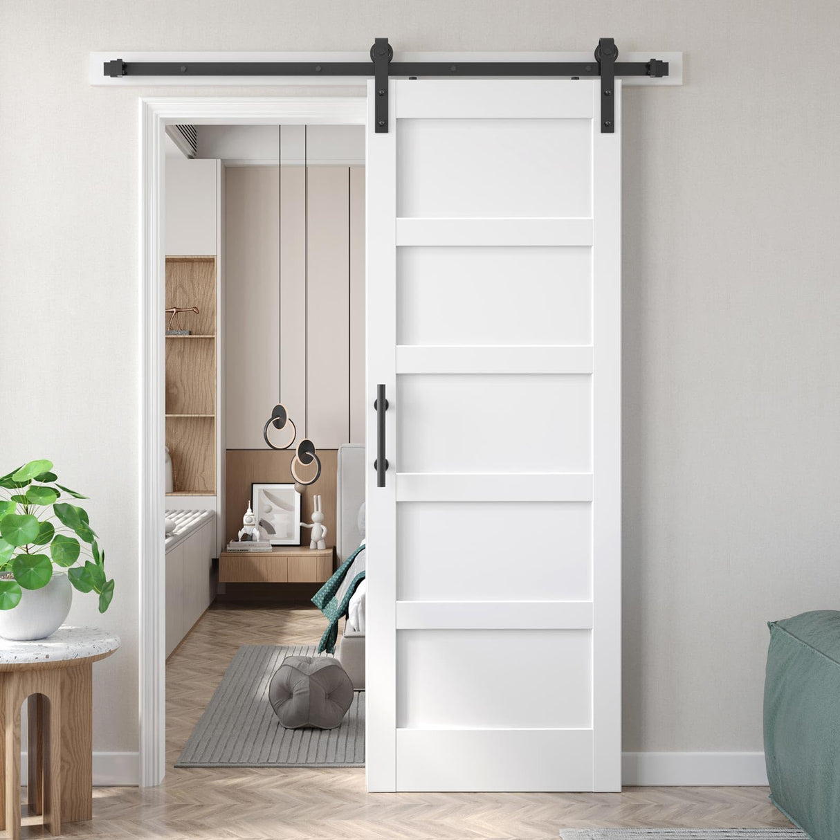 Fredbeck 30x84 inch White Barn Door with 5.5FT Sliding Door Hardware Kit Included & Handle,Solid,MDF, PVC Surface,DIY Assembly,5-Panel,Fit 27in-28in Opening FREDBECK