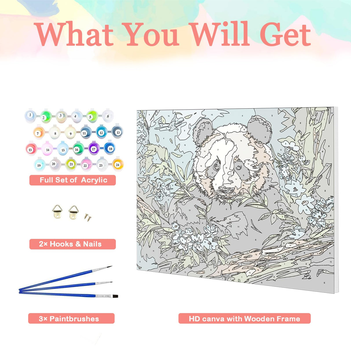 Auremi Panda Framed Paint by Number for Adults,DIY Animal Painting by Number Kits on Canvas Acrylic Oil Painting Kits for Adults Paint by Number Kits for Home Decor 20x30cm Auremi