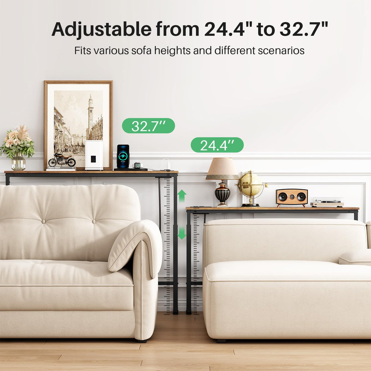 Kitstorack 2-Pack Narrow Console Table with Adjustable Height (25"-33") & Power Outlets, Rustic Brown Sofa Table for Behind Couch or Wall, 79" Long with 4.9ft Cord Kitstorack