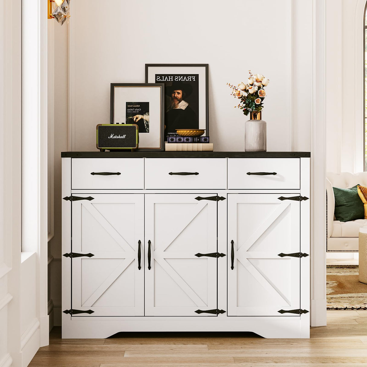 Maupvit 42.5" Farmhouse Buffet Cabinet with Storage, Coffee Bar Cabinet with 3 Drawers and 3 Barn Doors, Sideboard Cabinet, Wood Buffet Table Storage Cabinet for Kitchen, Dining Room,Living Room,White Maupvit
