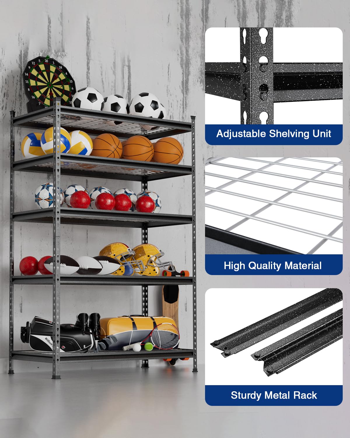 WORKPRO 5-Layer Heavy Duty Metal Storage Rack, 48”W x 24”D x 72”H, Adjustable Shelving Unit with 4000 lbs Total Load Capacity, for Garage, Kitchen, Bathroom, Warehouse WORKPRO