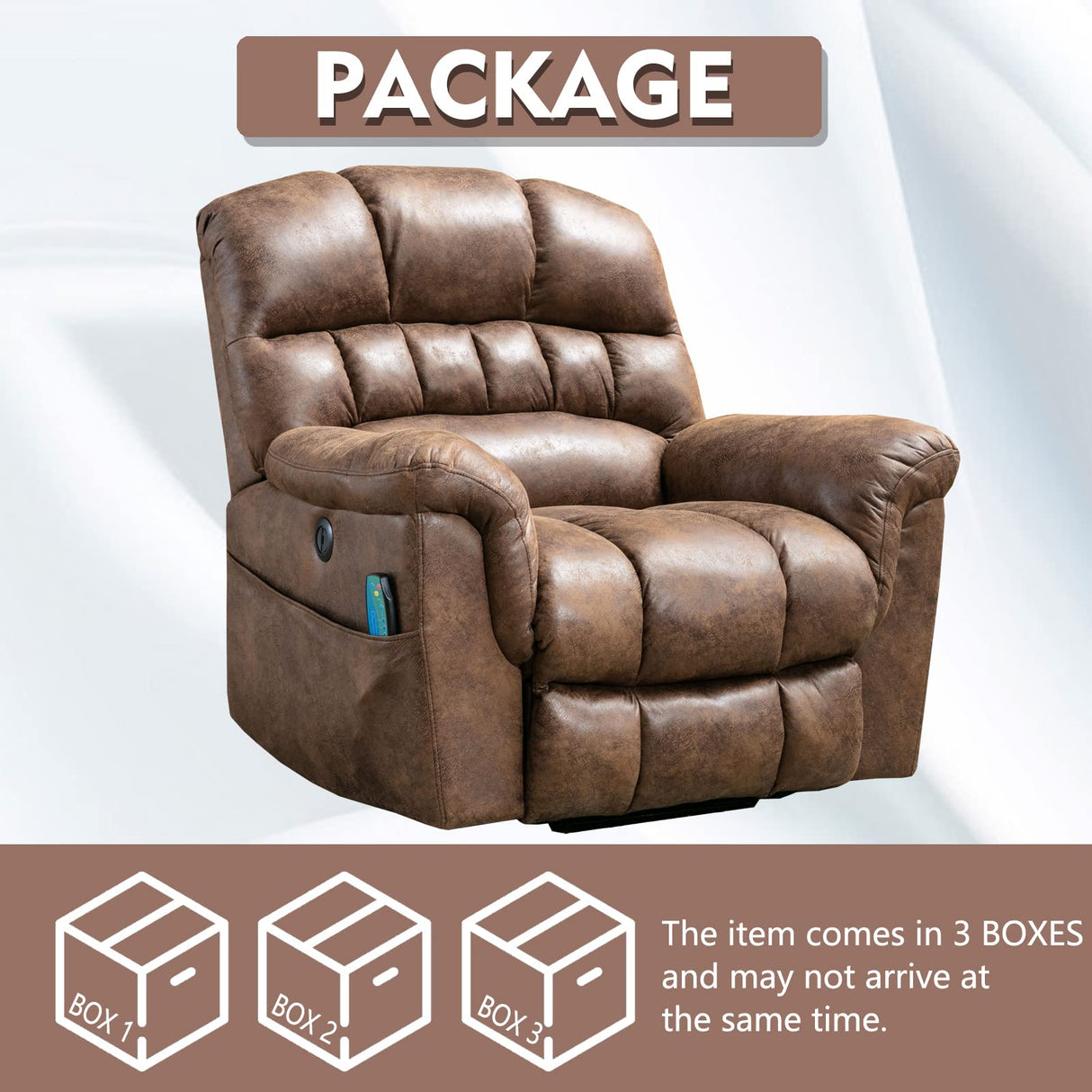 CANMOV Large Power Lift Recliner Chairs with Massage and Heat for Elderly Big People, Heavy Duty Electric Faux Leather Reclining Chairs with USB Port and 2 Side Pockets, Brown CANMOV
