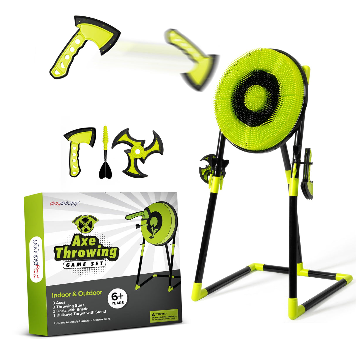 Play Platoon Kids Axe Throwing Game for Backyard, Axe Throwing Set for Adults & Kids, Includes 3 Plastic Hatchets, 3 Throwing Stars & 3 Darts with Bristle Dart Board for Indoor & Outdoor Fun Play Platoon