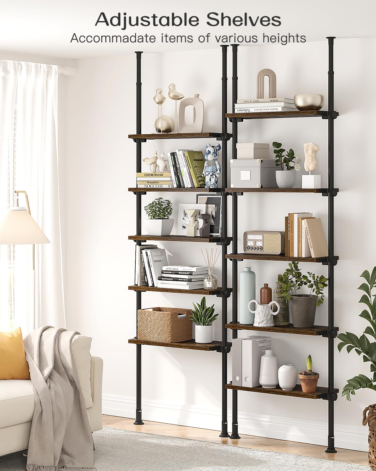 ALLZONE Rustic Brown 5-Tier Adjustable Ladder Bookshelf with Floor-to-Ceiling Tension Mount ALLZONE