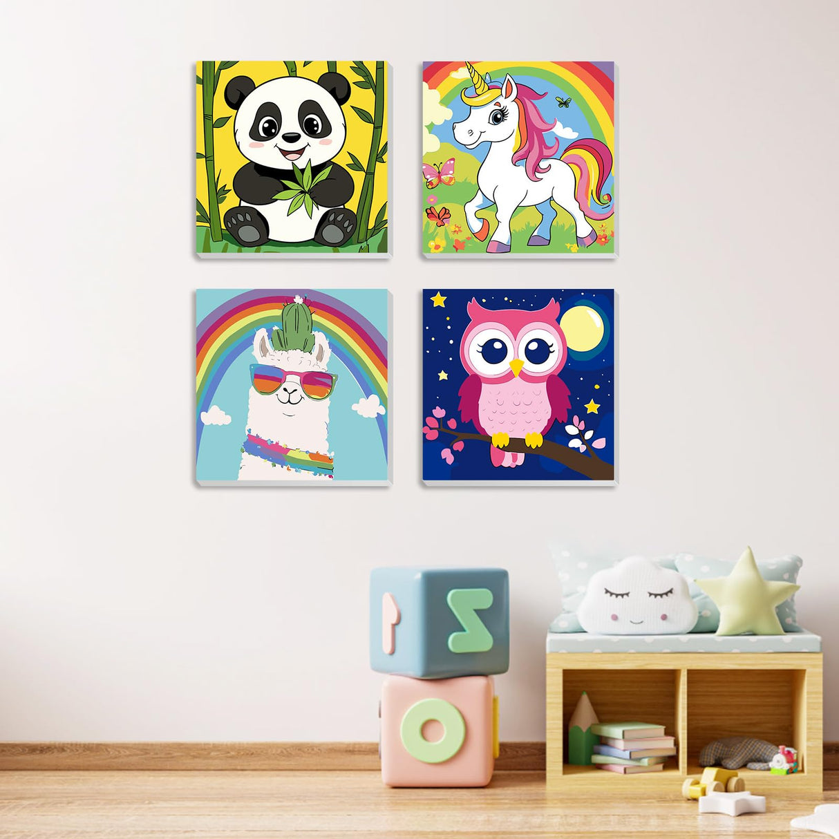 MXJSUA 4 Pack Cute Cartoon Animals Paint by Numbers Kit with Framed Canvas for Ages 6-12 Kids, Paint by Numbers Kits for Children Beginners, Acrylic Oil Painting for Home Wall Decor Gift (8x8 inch) MXJSUA