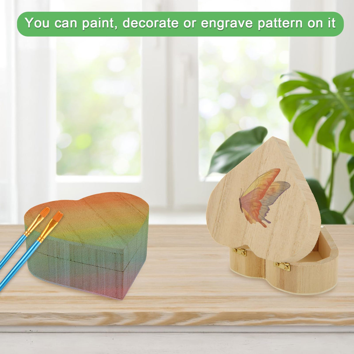 ACXFOND 12PCS Unfinished Unpainted Wooden Box with 20PCS Art Brushes, Unfinished Wooden Heart Box with Hinged Lid Wood Craft Box Organizer for Jewelry Box Gift Box Artist Tool ACXFOND