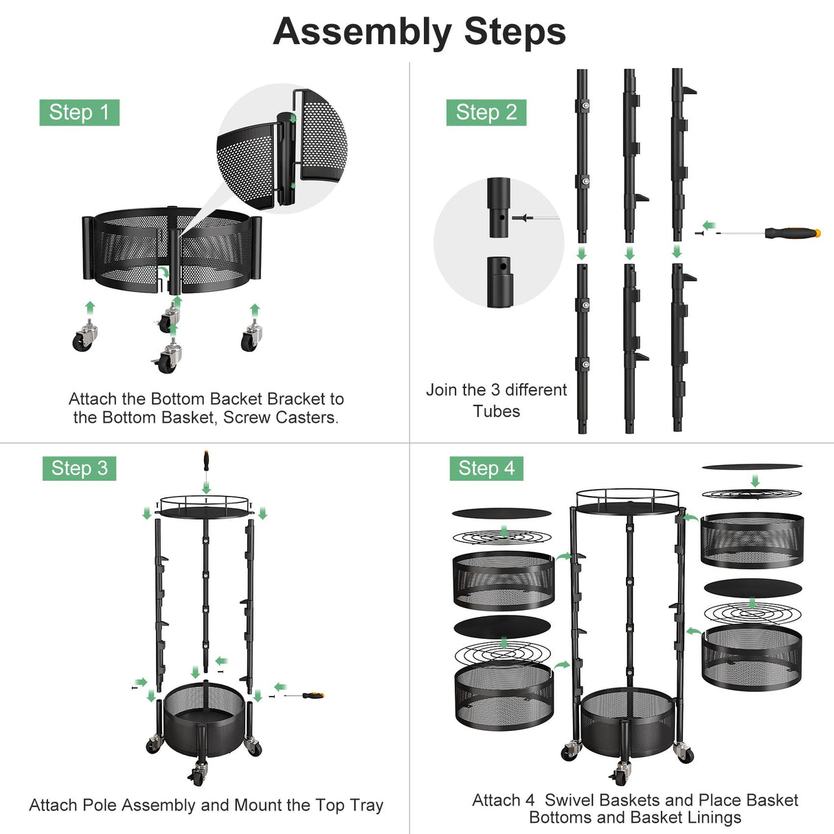 Fruit and Vegetable Basket Bowls for Kitchen with Metal Top Lid, SNTD 5 Tier Rotating Storage Rack Cart for Potato Onion Bread Banana, Wire Basket Organizer on Wheels, Large, Black SNTD