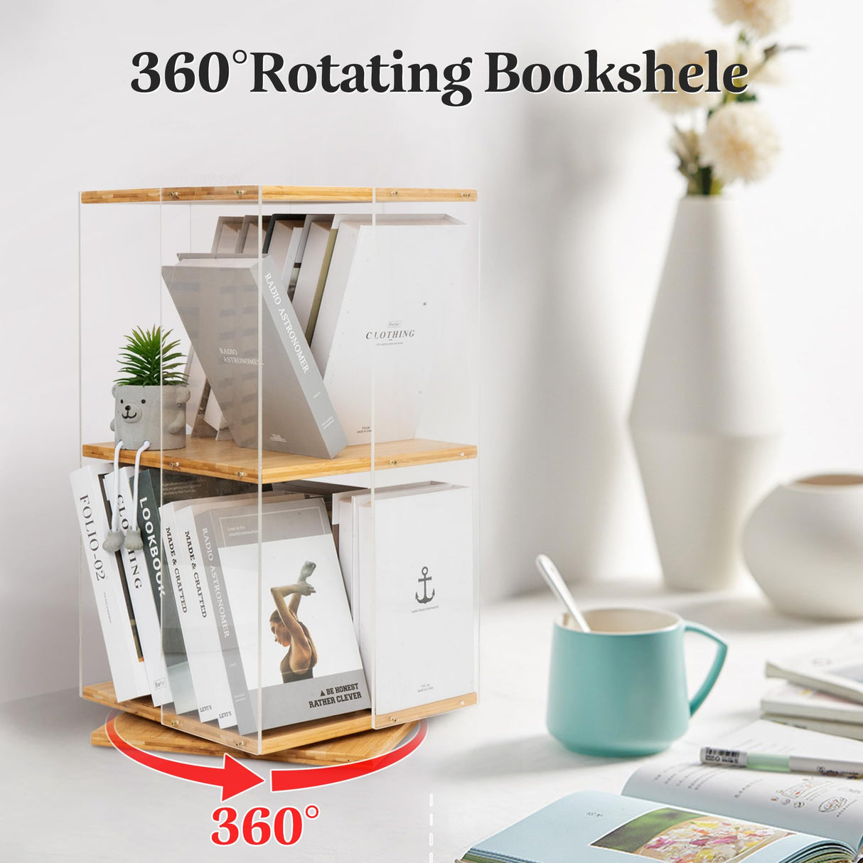 MYOYAY 360° Rotating 2-Tier Acrylic Bookshelf with Doors for Modern Display MYOYAY