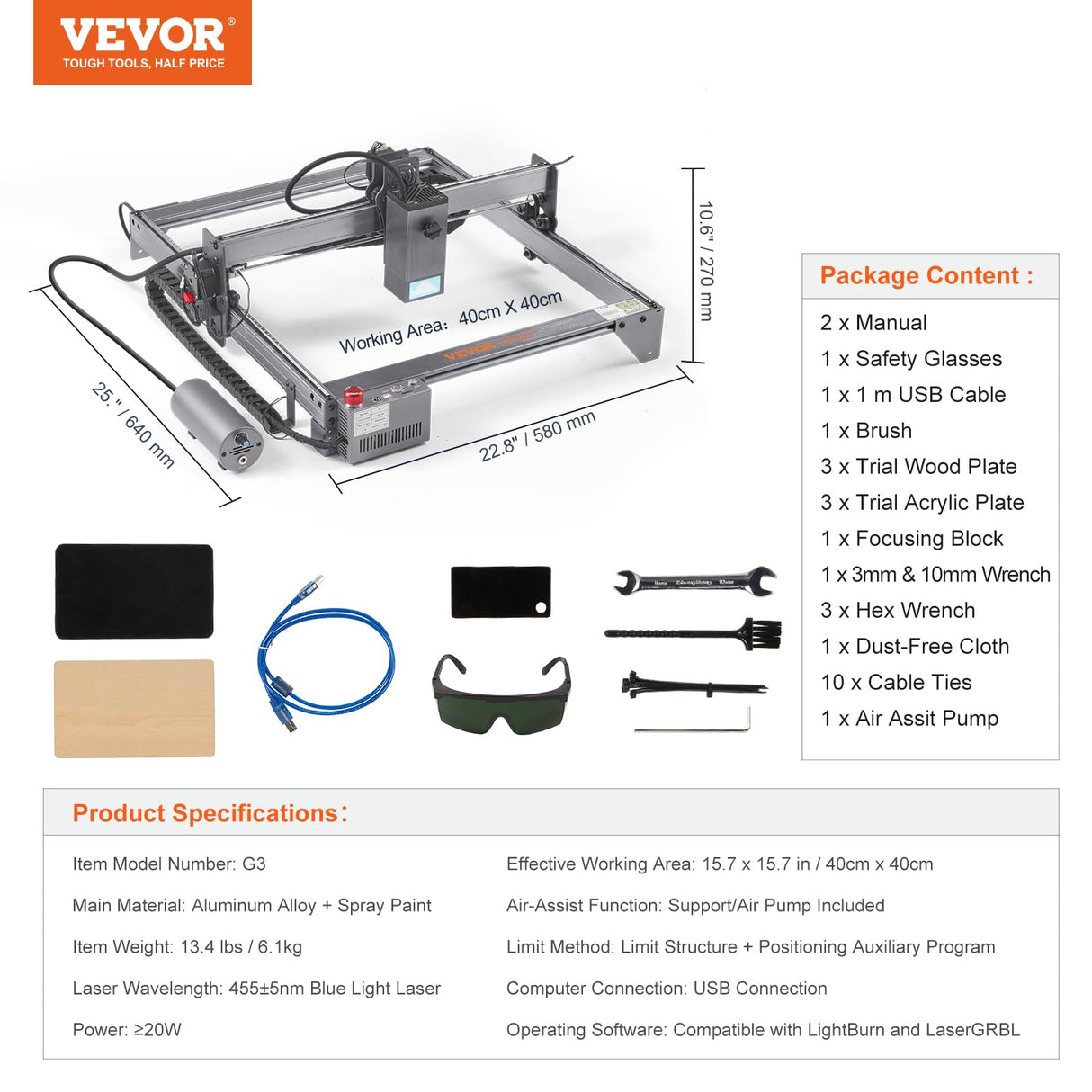 VEVOR, 20W Output Engraving Machine, 15.7" x 15.7" Large Working Area 10000mm/min Movement Speed, Compressed Spot with Eye Protection, Laser Cutter for Wood, Metal, Acrylic, Gray VEVOR