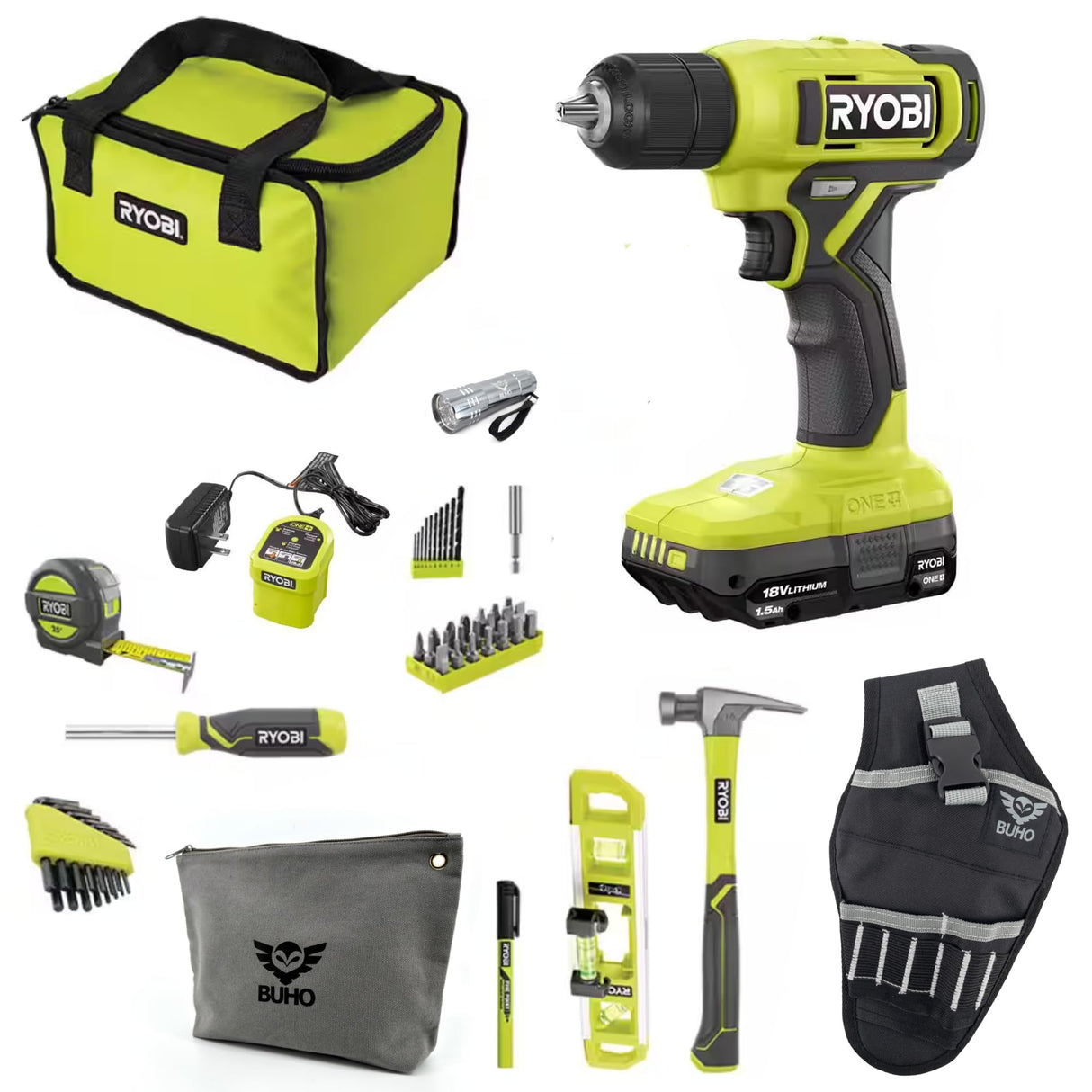 Buho Household Tool Kit Accessory Bundle - Ryobi 18V Cordless Drill Driver 1.5 Ah Battery Charger Hand Tools Drill Bits Tool Bag Holster Pouch Flashlight Buho