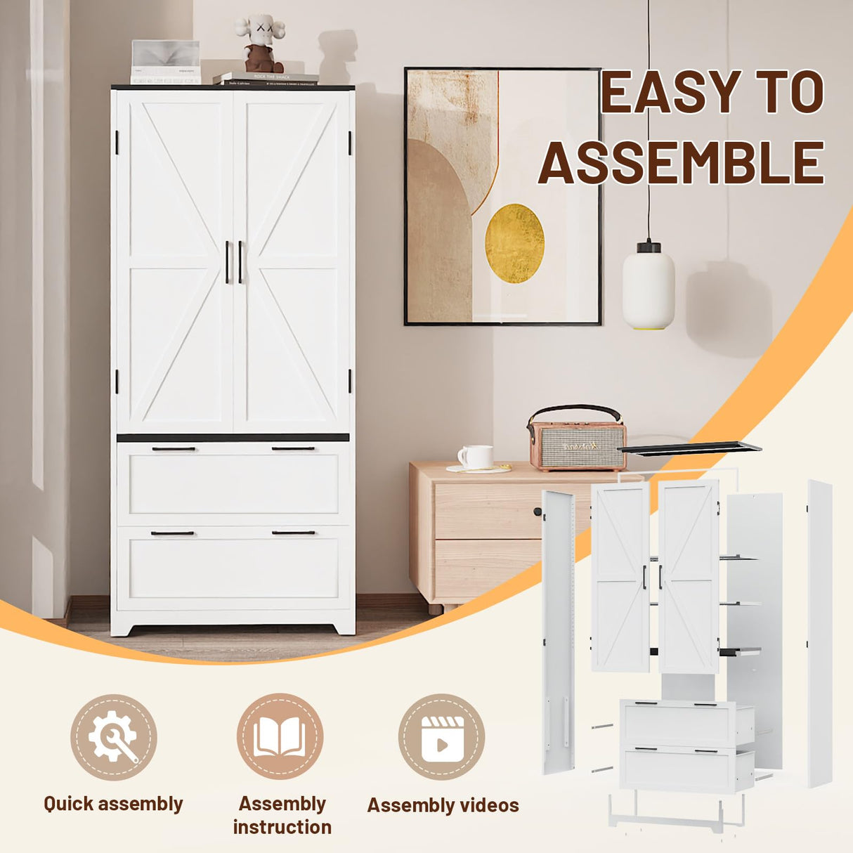 Eltean 71" Kitchen Pantry Storage Cabinet,Farmhouse Storage Cabinet with 2 Adjustable Shelves and 2 Drawers,Barn Doors Metal Storage Cabinets for Kitchen,Dining Room,Living Room Eltean