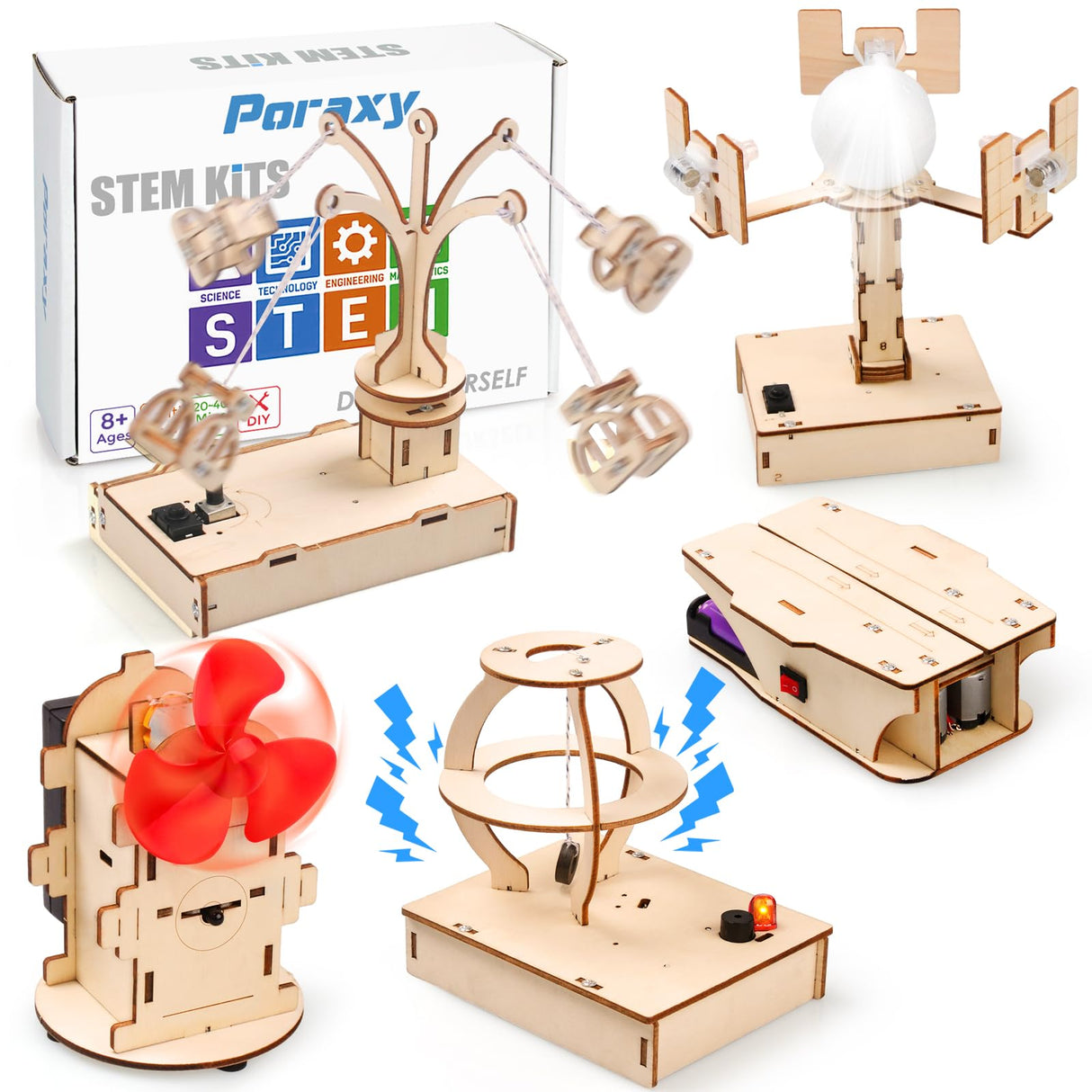 Poraxy STEM Kits for Kids Ages 8-10-12, 5 Set Wooden 3D Puzzles, Educational Science Experiment Building Projects Crafts, Toys for Ages 8-13, Birthday Gifts for Boys Girls 8 9 10 11 12 13 Years Old Poraxy