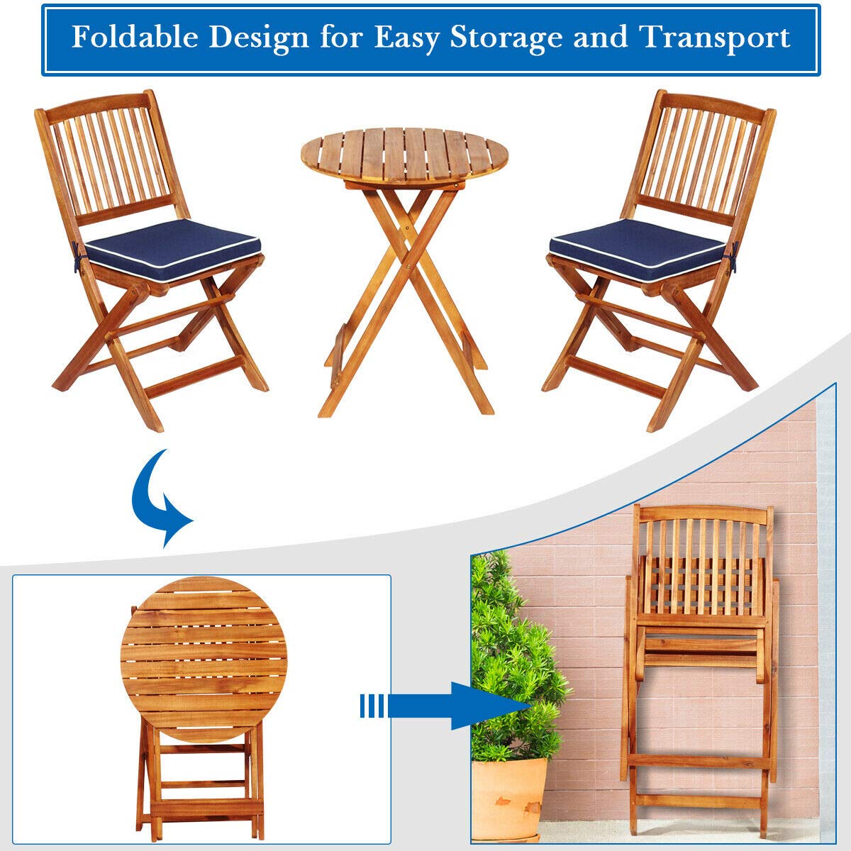 Tangkula 3 PCS Patio Folding Bistro Set, Outdoor Acacia Wood Chair and Table Set w/Padded Cushion& Round Coffee Table, Ideal for Indoor Patio Poolside Garden (Navy Blue) Tangkula