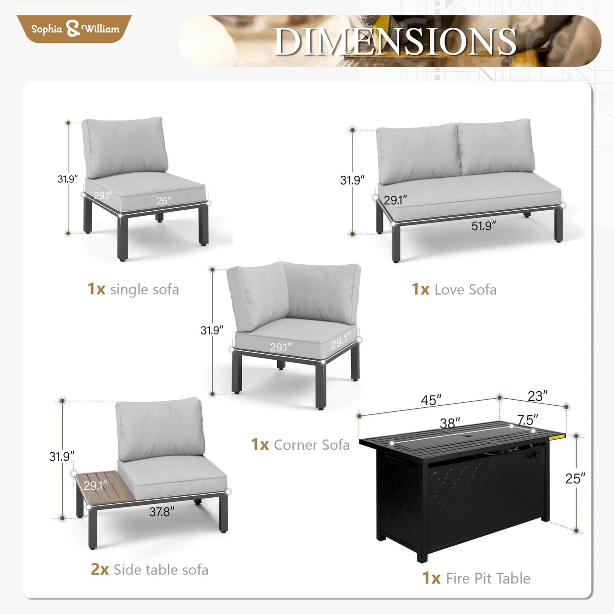 Sophia & William 6 Pieces Patio Furniture Set with 45" Fire Pit Table, Metal Outdoor Sectional Sofa Set -2 x Single Couch with Side Table,2 x Single Sofa,1 x Loveseat,1 x Propane Fire Pit Sophia & William