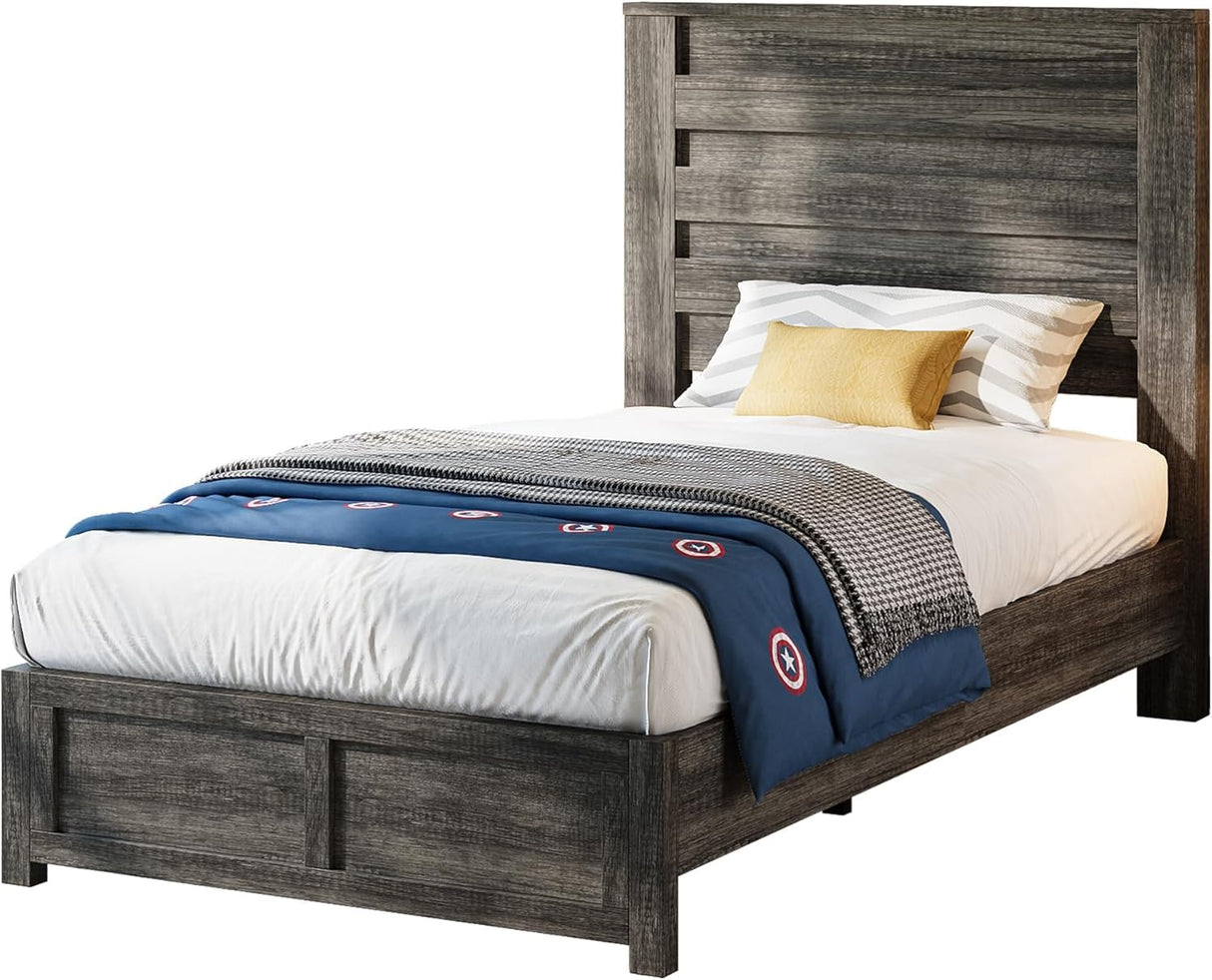 AMERLIFE Farmhouse Twin Platform Bed Frame with 49" Fluted Headboard, Wooden Bed with Natural Grain Finish, Noise-Free, No Box Spring Required, Easy Assembly, Grey AMERLIFE