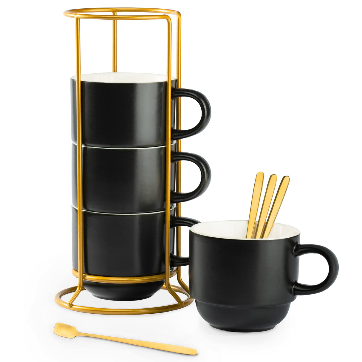 YHOSSEUN Porcelain Stackable Coffee Mug Set With Rack, Demitasse Cups with Espresso Spoons, 11 Oz For Coffee Drinks, Latte, Macchiato, Cafe Mocha Set of 4,Black YHOSSEUN