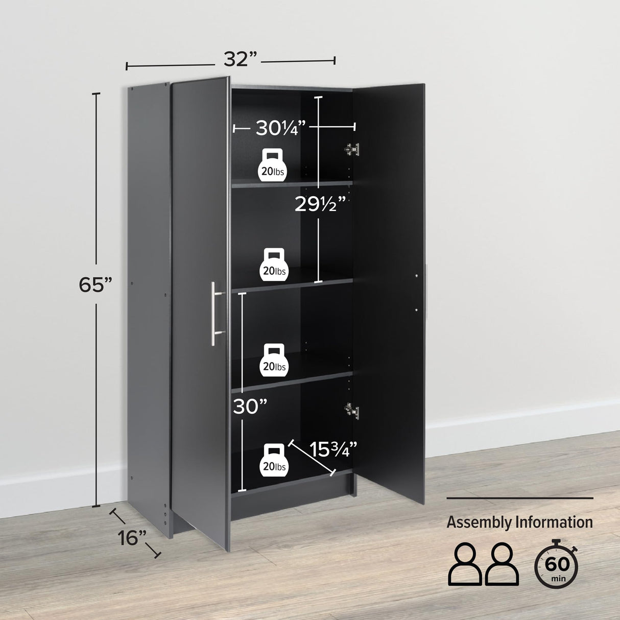 Prepac Elite Tall Garage Storage Cabinet & Pantry Storage Cupboard, 2-Door Freestanding Bathroom or Pantry Cabinet with Adjustable Shelves, 16" D x 32" W x 65" H, Black Prepac