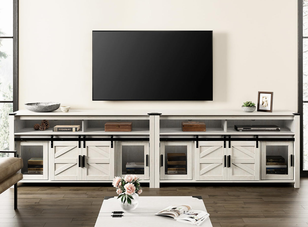 WAMPAT 2-in-1 Farmhouse TV Stands for 100+ Inch TV, Antique White 118" Wooden Entertainment Center with Mesh and Barn Doors, Set of 2 TV Console with Open Storage Space for Living Room, Bedroom WAMPAT