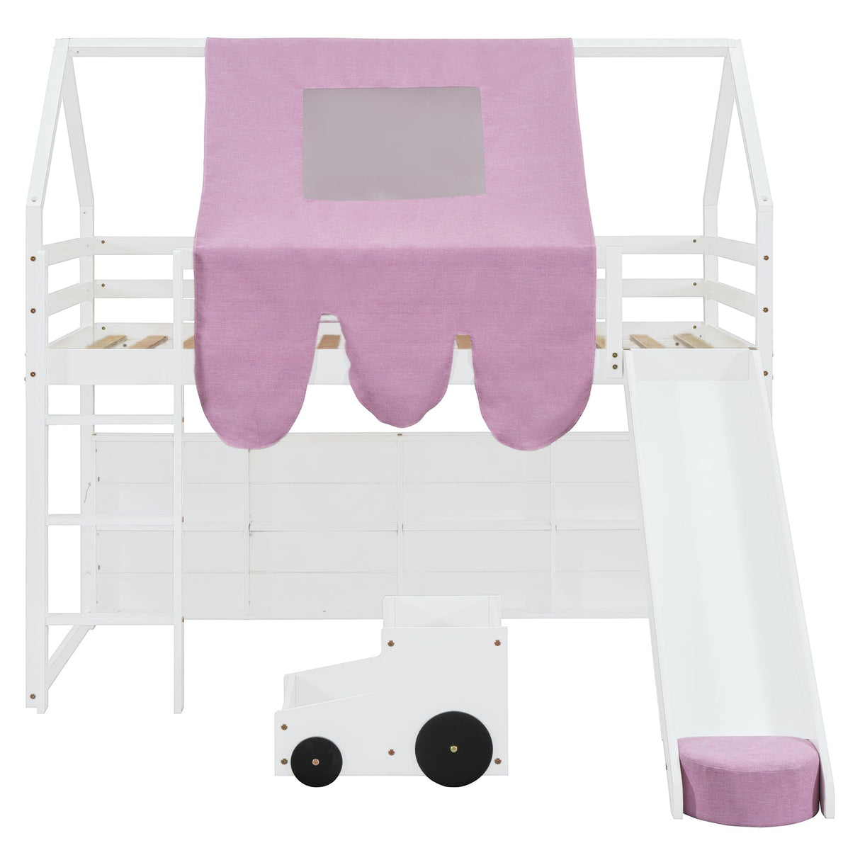 BEDGJH Twin Size Loft Bed, House Shaped Solid Wood Loft Bed with Tent, Slide and Functional Ladder for Kids, Girls & Boys (White+Pink, Twin) BEDGJH