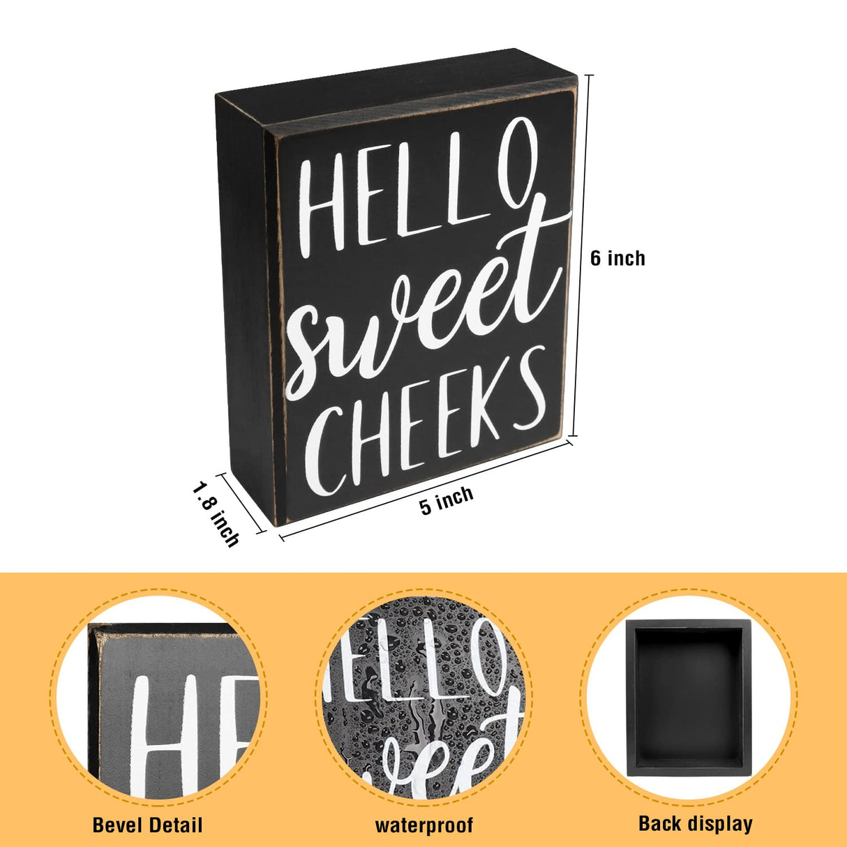 Pigort Hello Sweet Cheeks Sign - Bathroom Decor Modern Farmhouse Home Accent - Rustic Black Wood Shelf Plaque Box Sign for Women, Family, Friend 5X6X1.8 INCH Pigort