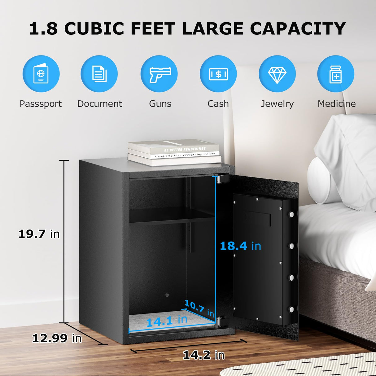 Bonsaii 1.8 Cubic Feet Security Home Safe with Digital Keypad, Security Box for Jewelry, Cash, Guns | Document Safe (14.2"x12.99"x19.7") bonsaii