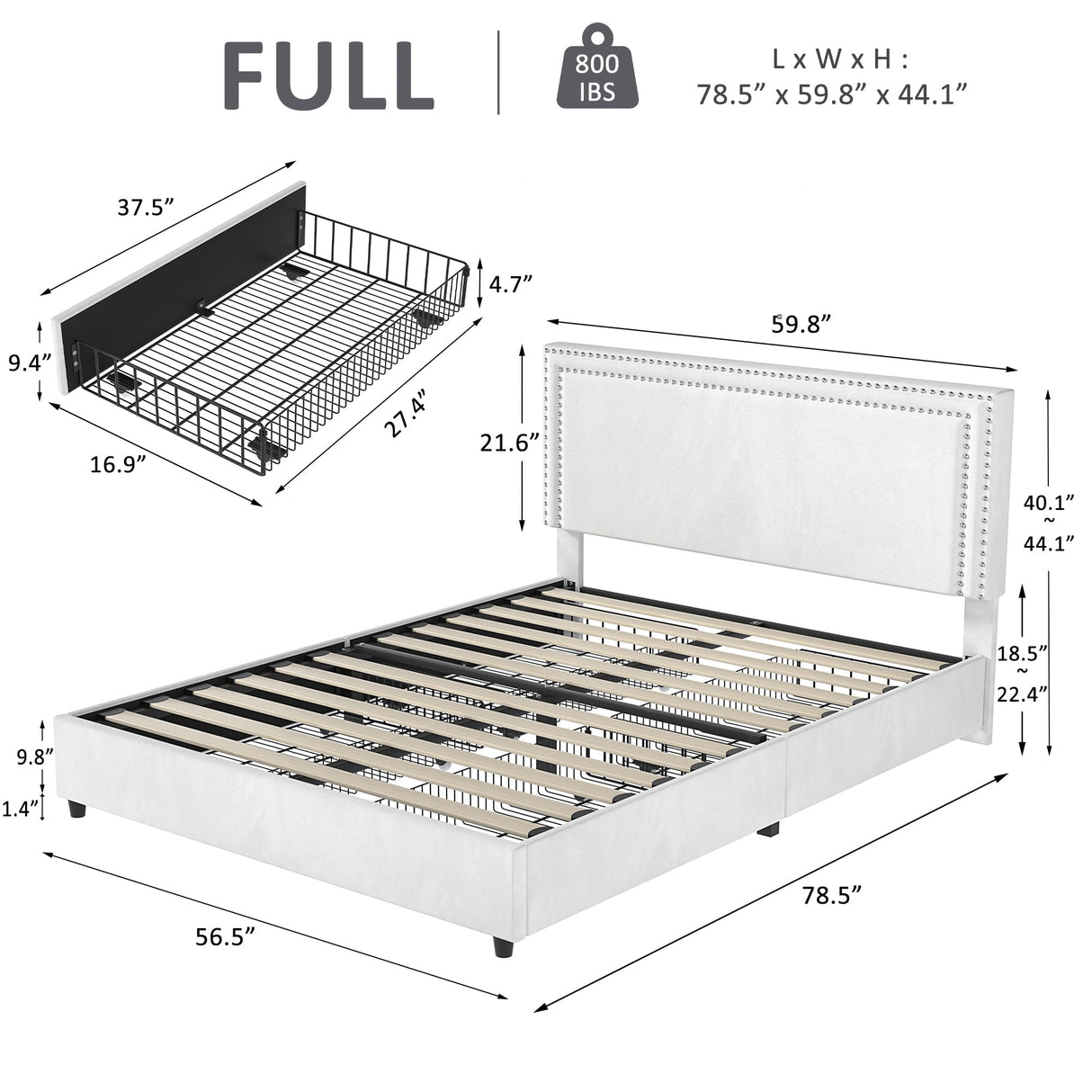 VECELO Full Size Upholstered Platform Bed Frame with 4 Storage Drawers, Adjustable Velvet Rivets Headboard, Wooden Slats Support, No Box Spring Needed, Easy Assembly VECELO