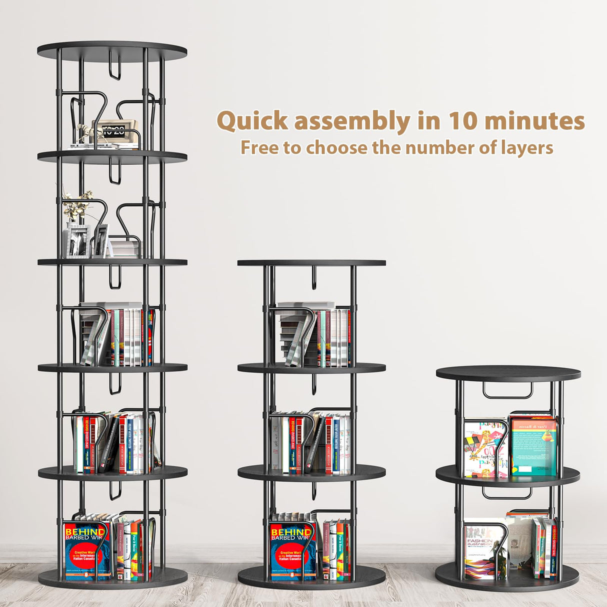 VYRIVA 5 Tier Rotating Bookshelf Tower, 360° Display Round Bookcase, Floor Standing Corner Revolving Bookshelf Organizer Storage Rack for Home Study Office, Small Spaces VYRIVA