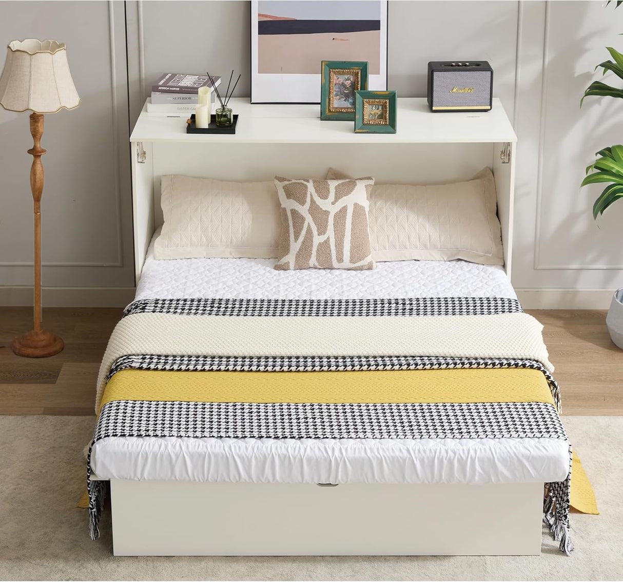 VYNELITO Queen Murphy Bed with Charging Station & Drawer, Wood Murphy Cabinet Bed Frame with Tri-Folding Mattress, Space-Saving Guest Folding Bed for Bedroom Living Room Office Guestroom-White VYNELITO