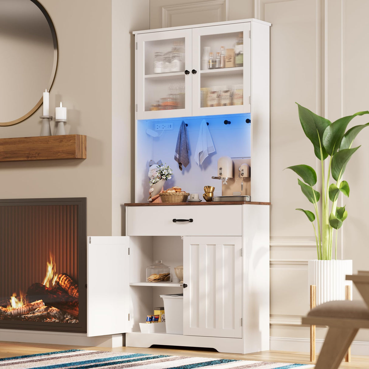 Gizoon 71" H Storage Cabinet with Strip Light, Kitchen Pantry Cabinet with Doors and Drawers, White Hutch with Charging Station and Adjustable Shelves, for Coffee Bar, Dining Room, Table Top-Retro Gizoon