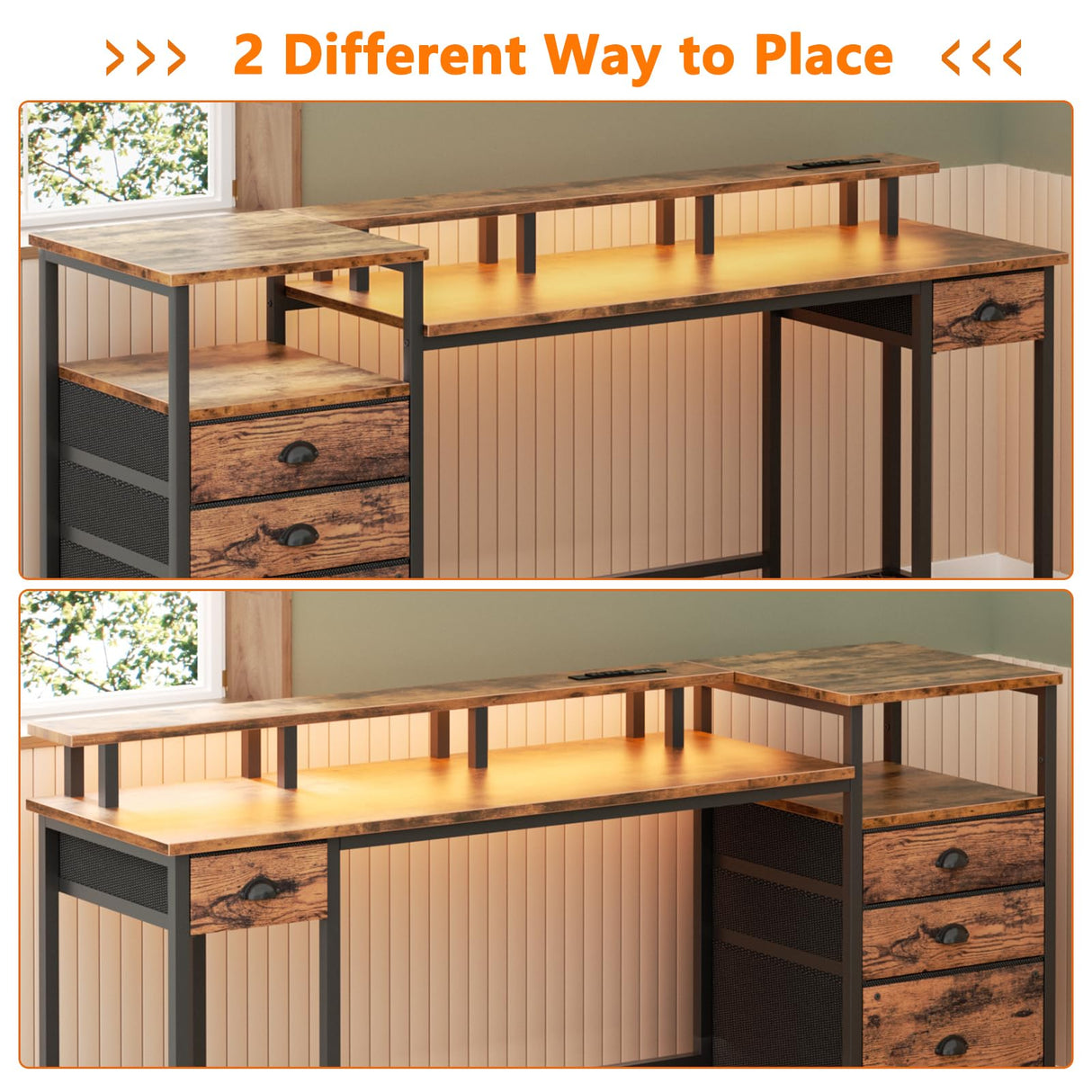 Furologee Computer Desk with Drawers, 60" Office Long Desk with Fabric File Cabinet and Power Outlets, Gaming Desk with LED Lights, Study Writing Work Desk for Home Office, Rustic Brown Furologee