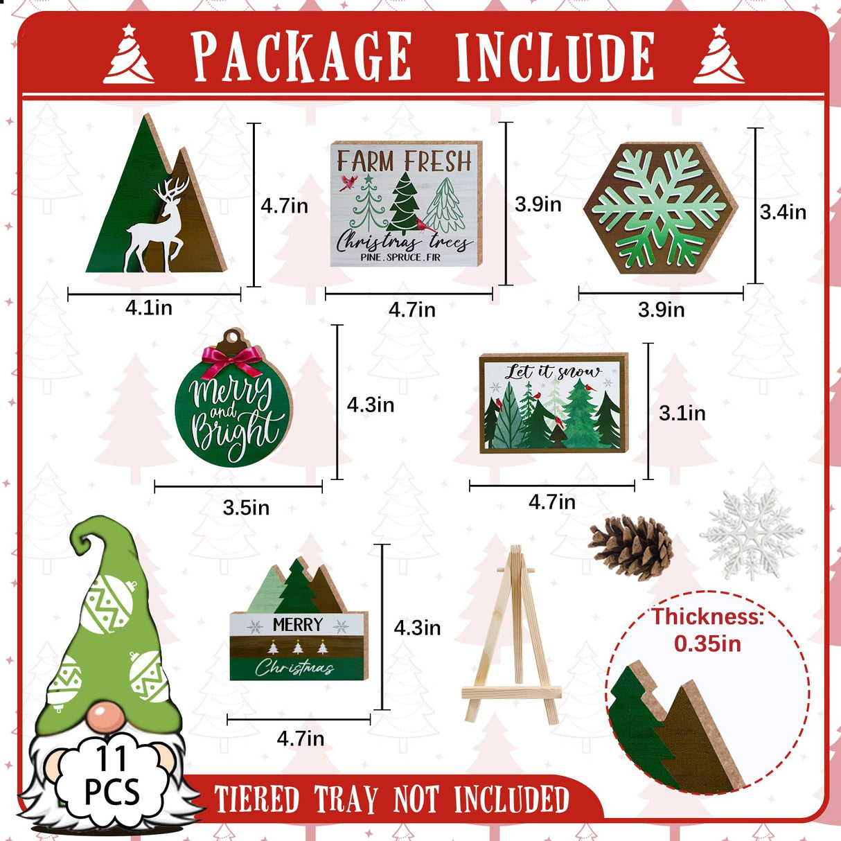 Guoofu 11 Pcs Merry Christmas Green Tiered Tray Decor, Farm Fresh Xmas Tree Balls Reindeer Snowflake Farmhouse Wood Decorations Set, Winter Holiday Rustic Wooden Decorative Signs for Home Table Shelf Guoofu