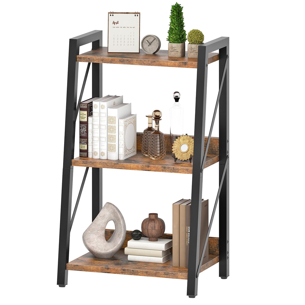 HOOBRO Ladder Shelf, 3-Tier Bookshelf, Corner Bookcase, Freestanding Storage Shelf Display Organizer, for Living Room, Bedroom, Home Office, Kitchen, Rustic Brown and Black BF303CJ01 HOOBRO
