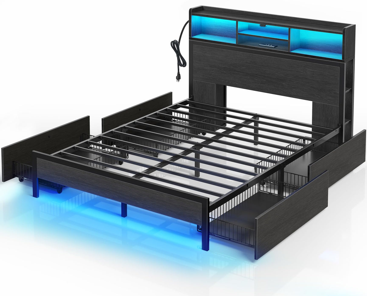 Rolanstar Full Bed Frame with Storage Headboard, Metal Platform Bed with Charging Station, LED, 4 Drawers, Bookcase Storage, No Box Spring Needed, Easy Assembly, Noise-Free, Black Rolanstar