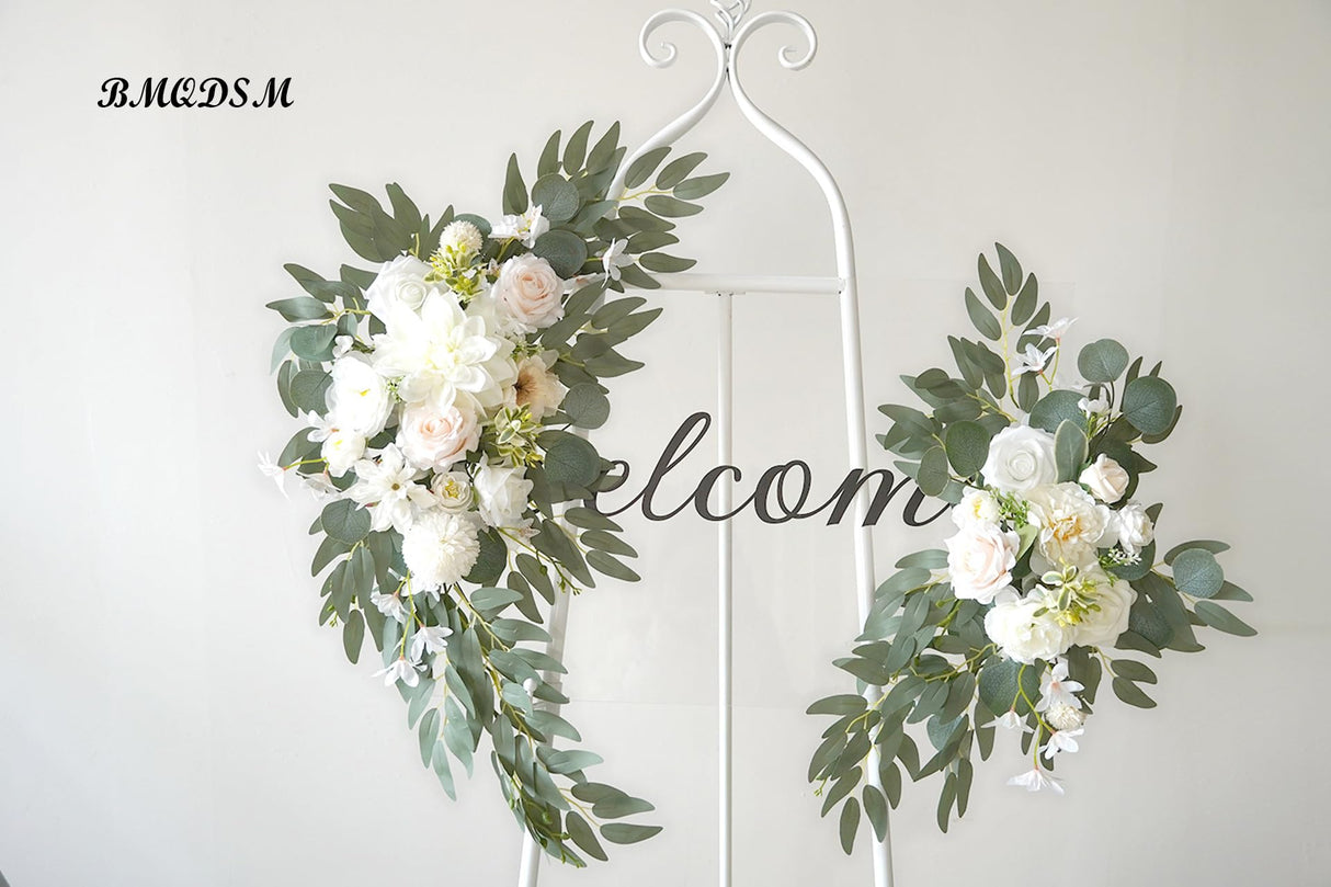BMQDSM Wedding Arch Faux Flowers Set of 2 Greenery Garland for Wedding Decor Ceremony and Reception Backdrop Decoration (White) BMQDSM