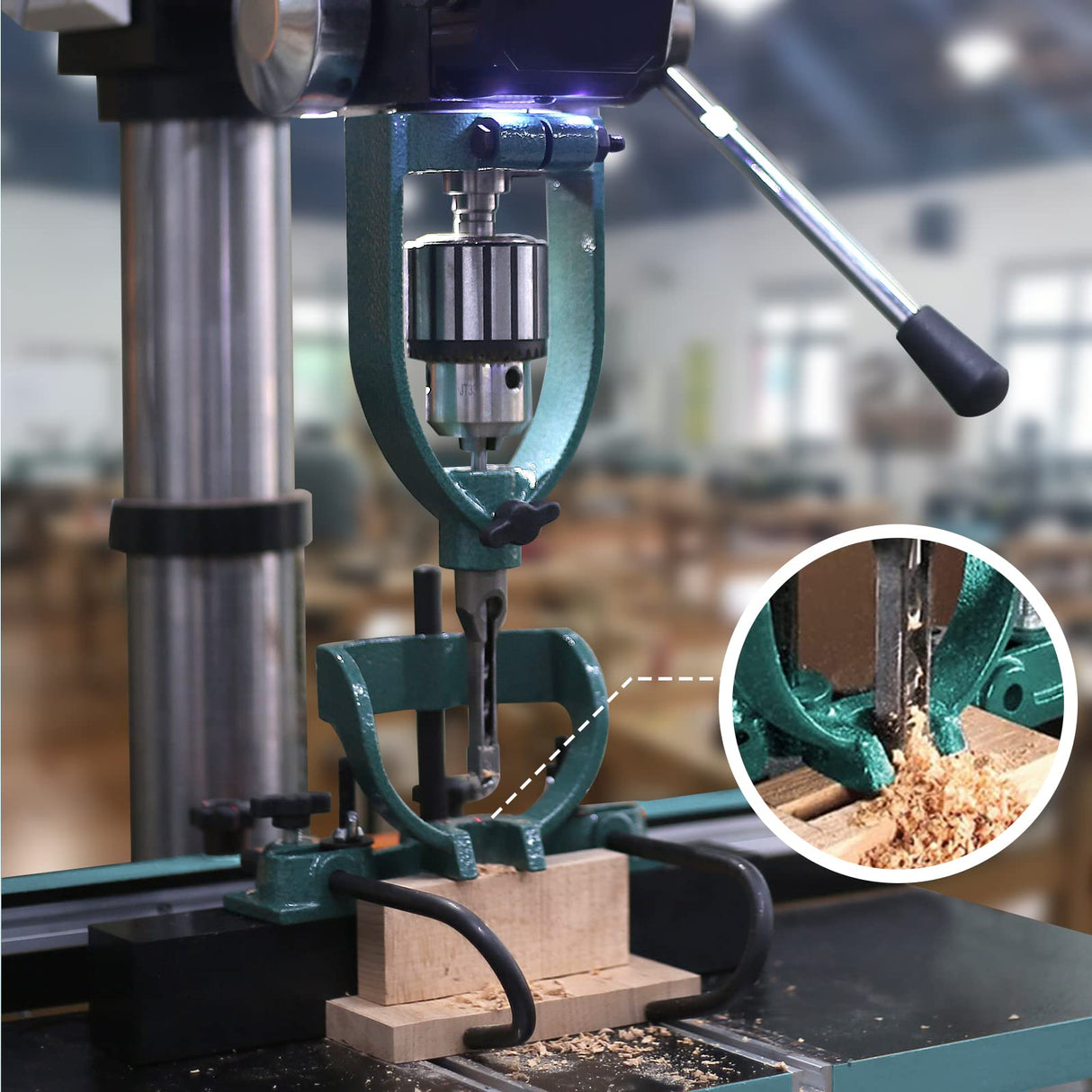 LNROE-K Mortising Attachment for Drill Press, 4 Model Drills Square Hole Chisel Set, Mortise and Tenon Tools, Drill Press Mortising Attachment Kit, Woodworking Mortise Bench Drill Locator Set LNROE-K