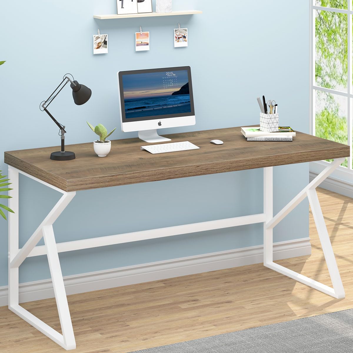 HSH Farmhouse Desk, Modern Home Office Desk, Student Desk for Bedroom Computer Table, Rustic Wood and Metal PC Laptop Computer Desk, Simple Writing Study Gaming Desk Executive Workstation, 55 Inch HSH