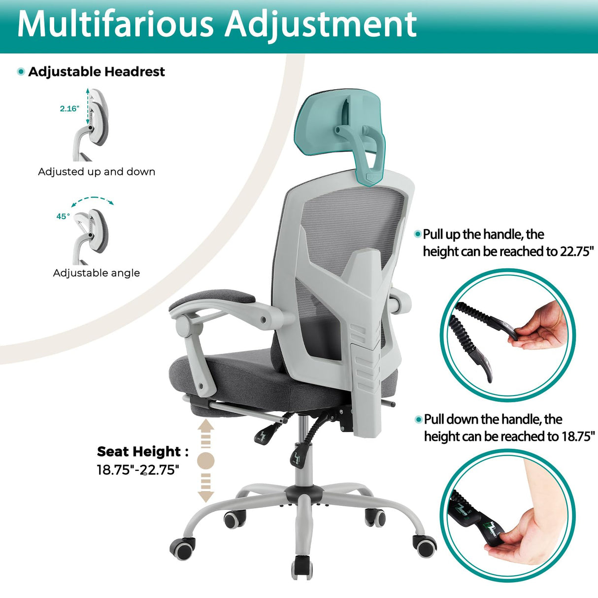 DUMOS Home Office Desk Chair with Footrest, High-Back Mesh Rolling Swivel Reclining Chairs with Wheels, Comfortable Headrest, Lumbar Support, Comfy Arms for Home, Office, Gaming, Student, Grey DUMOS