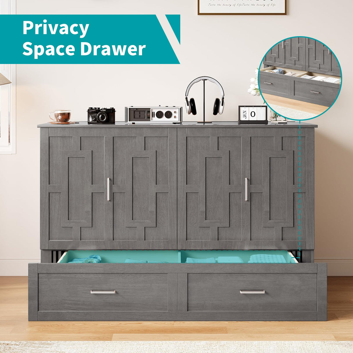 BALUS Murphy Bed Queen Size, Convertible Cabinet Bed with Tri-Fold Mattress and USB Charging Station, Foldable Night Stand Trays, Storage Drawer, Space Saving - Grey BALUS