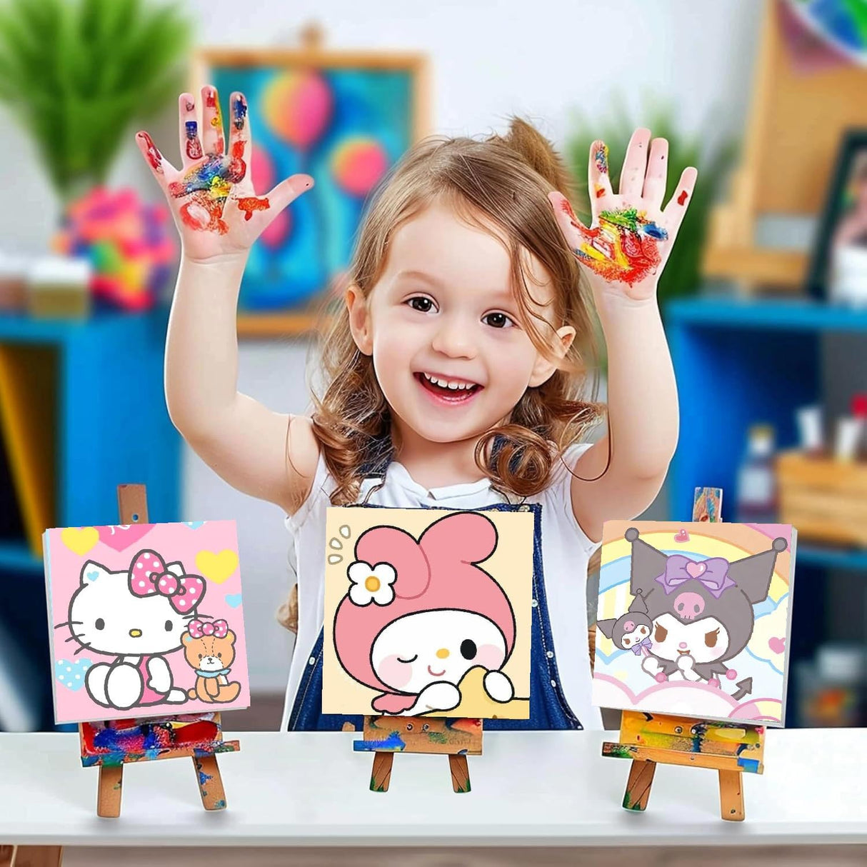 nekpiahu 6 Pack Cartoon Paint by Numbers for Kids with Framed Canvas-Cartoon Paint by Numbers for Kids Ages 4-8-12, Kid Paint by Number Crafts Kits for Home Wall Decor GIF 8X8incht(with Wooden Easel) nekpiahu