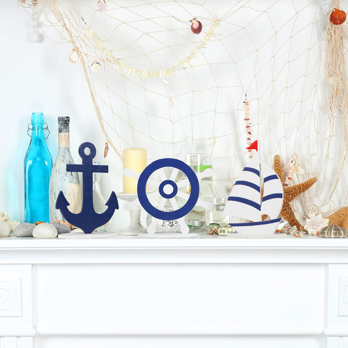 COCHIE Wooden Summer Nautical Decor Set of 3, Double-Sided Anchor Sailboat Tiered Tray Decorations, Wood Cruise Ship Wheel Sign for Tabletop, Home, Desk, Shelf, Party Decoration COCHIE