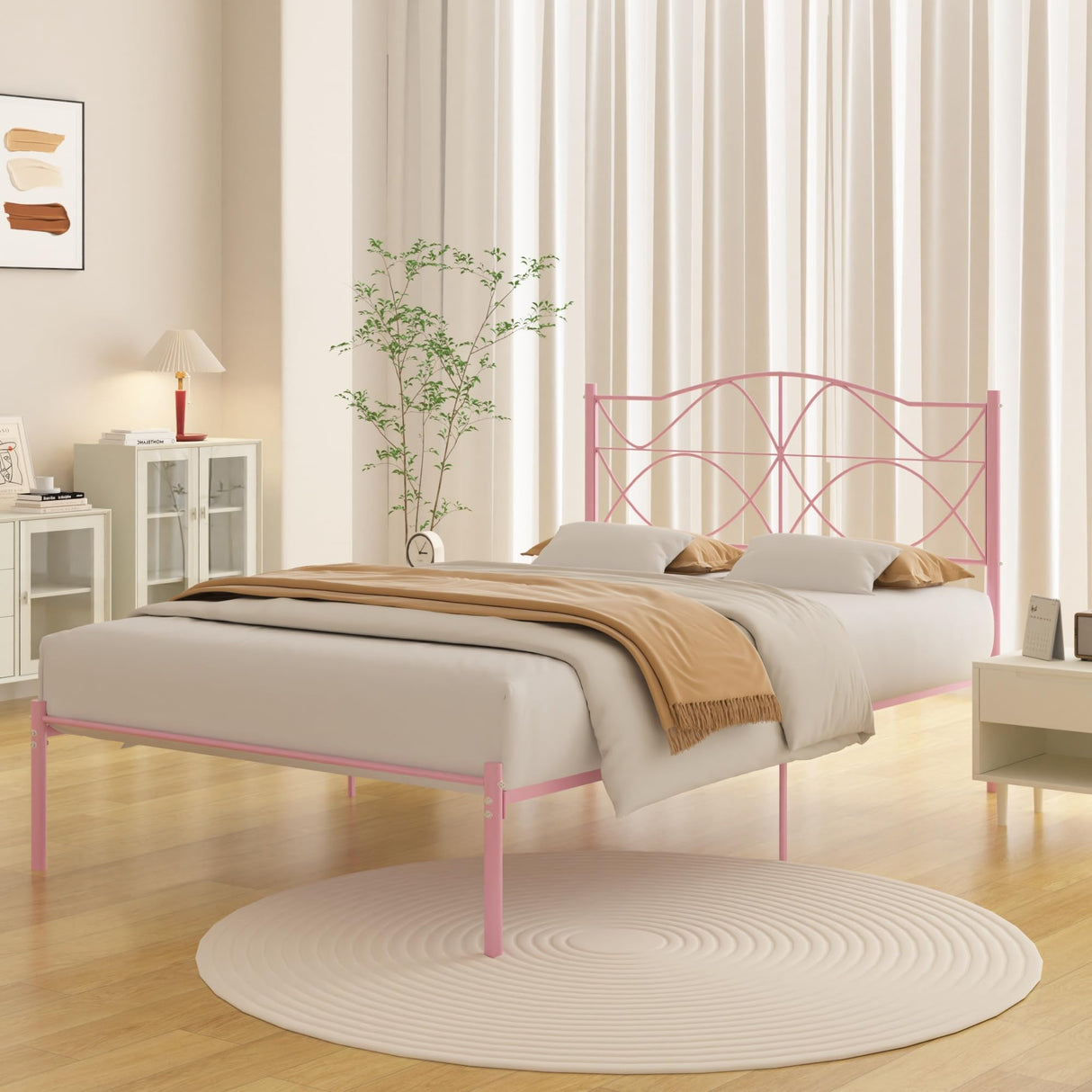 VECELO Twin Size Bed Frame, Metal Bed Platform with Headboard, Sturdy Steel Slats Support, No Box Spring Needed/Noise-Free,Easy Assembly, Pink VECELO
