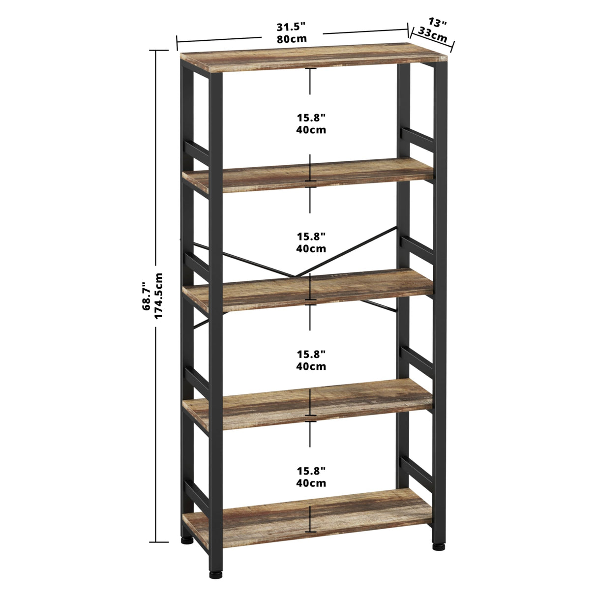 IRONCK 5-Tier Vintage Industrial Ladder Bookshelf - 31.5in Wide, Rustic Brown Design IRONCK