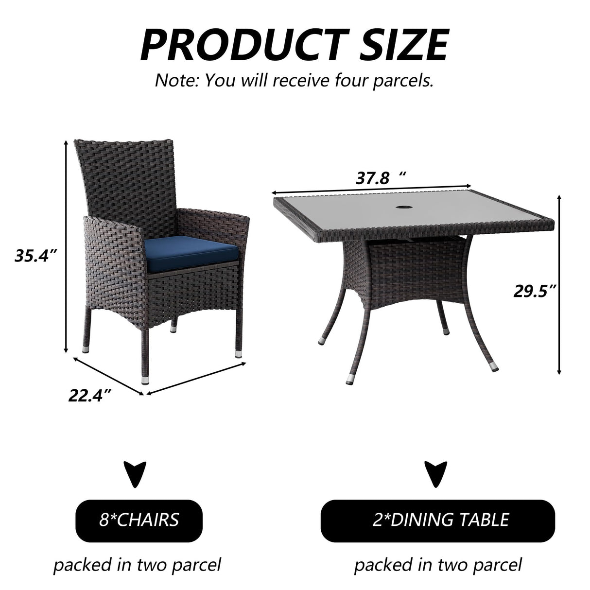 Kullavik 10-Piece Outdoor Dining Set Patio Rattan Furniture Set,Patio Dining Table and Chairs Set with 8 Chairs and Cushions,Square Glass Tabletop with Umbrella Hole for Patio,Backyard,Garden,NavyBlue Kullavik