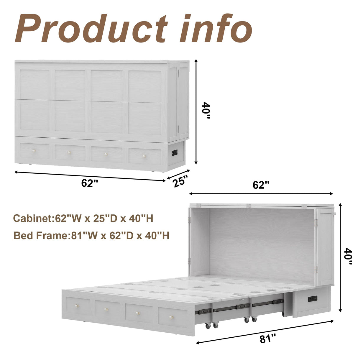 Keloyid Solid Wood Murphy Bed Cabinet:Queen Size Murphy Bed with USB Charging Station and Large Storage Drawer for Home,Optimize Sleeping Space(Mattress Not Included) Ivory White-11 Keloyid