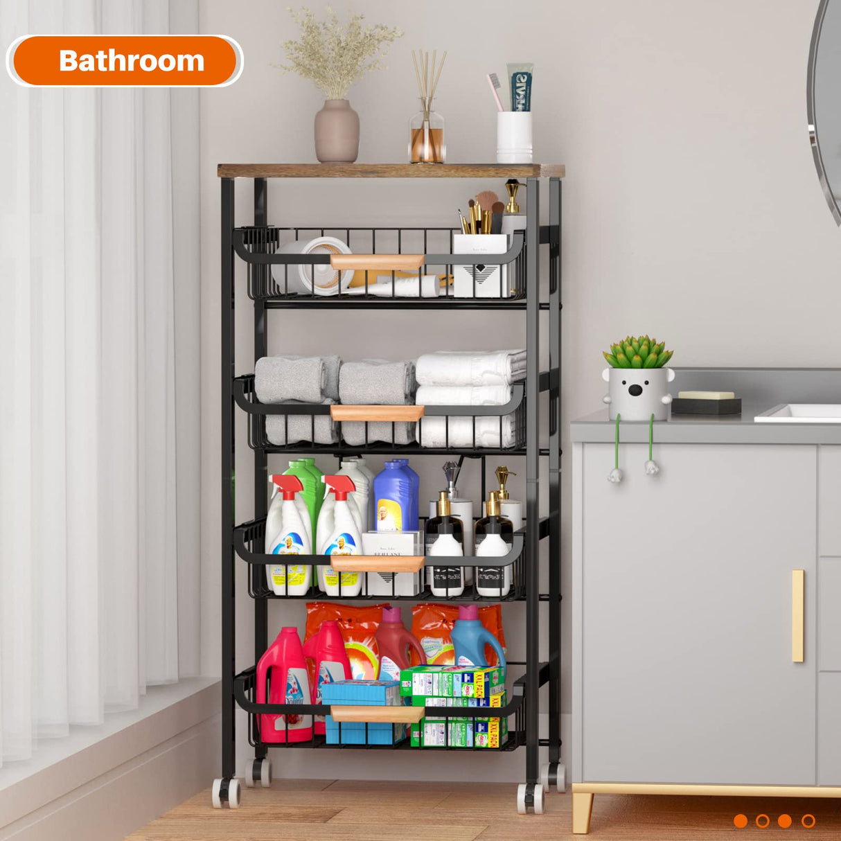 5-Tier Rolling Storage Cart with Wheels, Large Capacity Kitchen Cart, Mobile Utility Cart with Wooden Tabletop and Mesh Baskets, Bathroom, Laundry Room 7 code