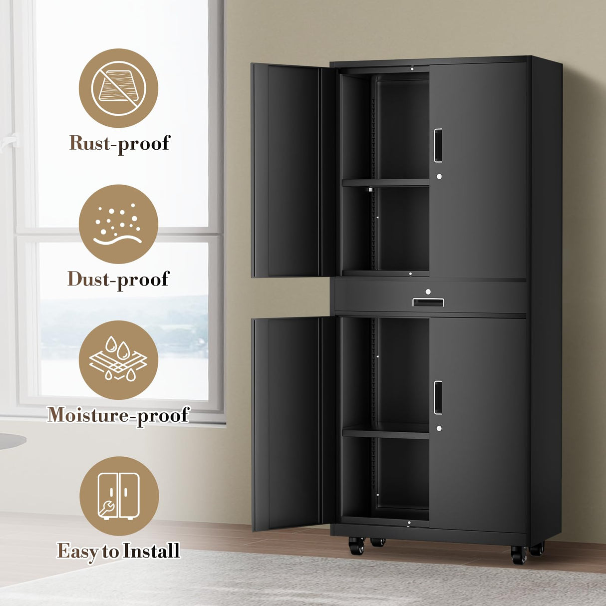 Athena Collection 4 Tier Storage Cabinet with Wheels, Large Capacity 73" Garage Metal Storage Cabinet with Drawer and Adjustable Shelves, Lockable Utility Tall Cabinet for Home Office, Black Athena Collection