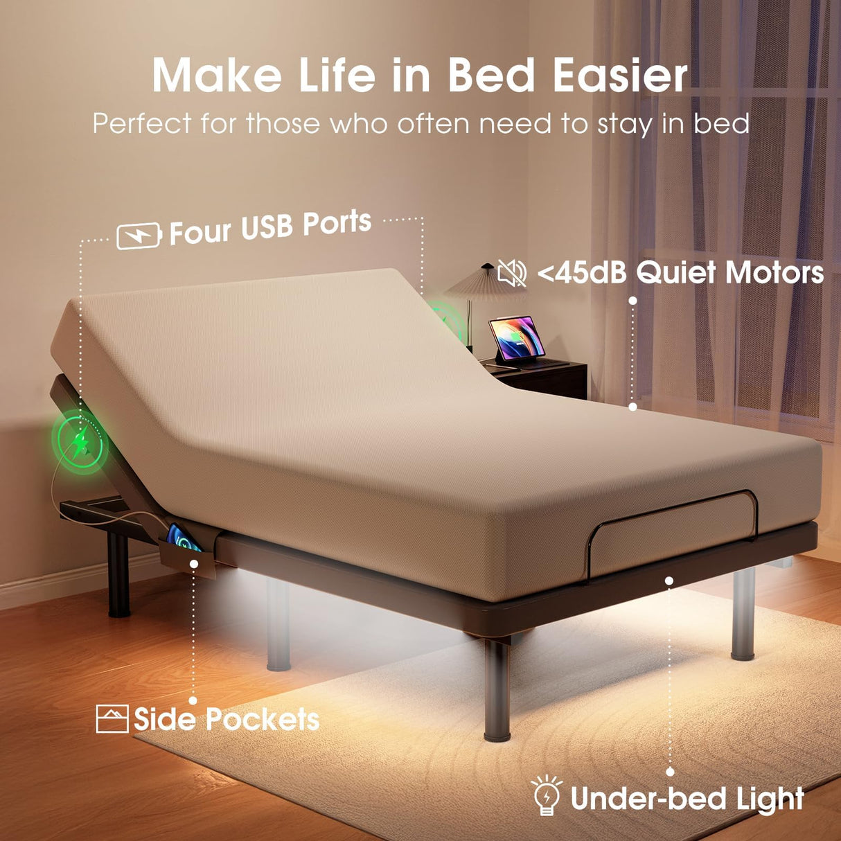 Tami Tami Split King Adjustable Bed Frame with Massage, Ergonomic Head & Foot Incline - Luxury Zero Gravity Electric Base with 4 USB Ports, 2 Night Light, Wireless Remote, Side Pocket, 3 Height Option Tami Tami