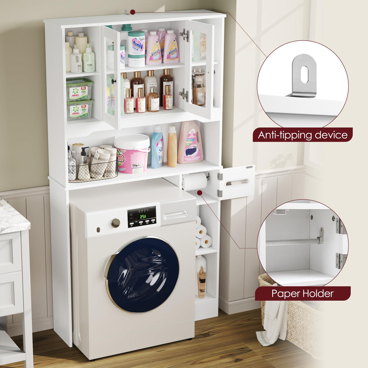 FACBOTALL Over The Toilet Storage Cabinet, Bathroom Organizer with Glass Doors and Paper Holder, Bathroom Shelf Over Toilet, Space-Saver for Restroom, Laundry, White FACBOTALL