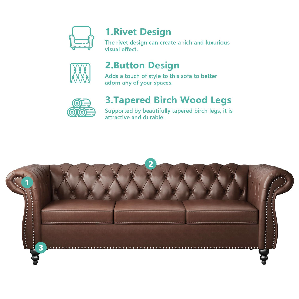 RUSTYER Chesterfield 3 Seater Sofa, Modern Leather Tufted Couch 3 Seater with Rolled Arms and Nailhead Mid-Century Upholstered Couch for Living Room, Bedroom, Apartment and Office, Brown RUSTYER