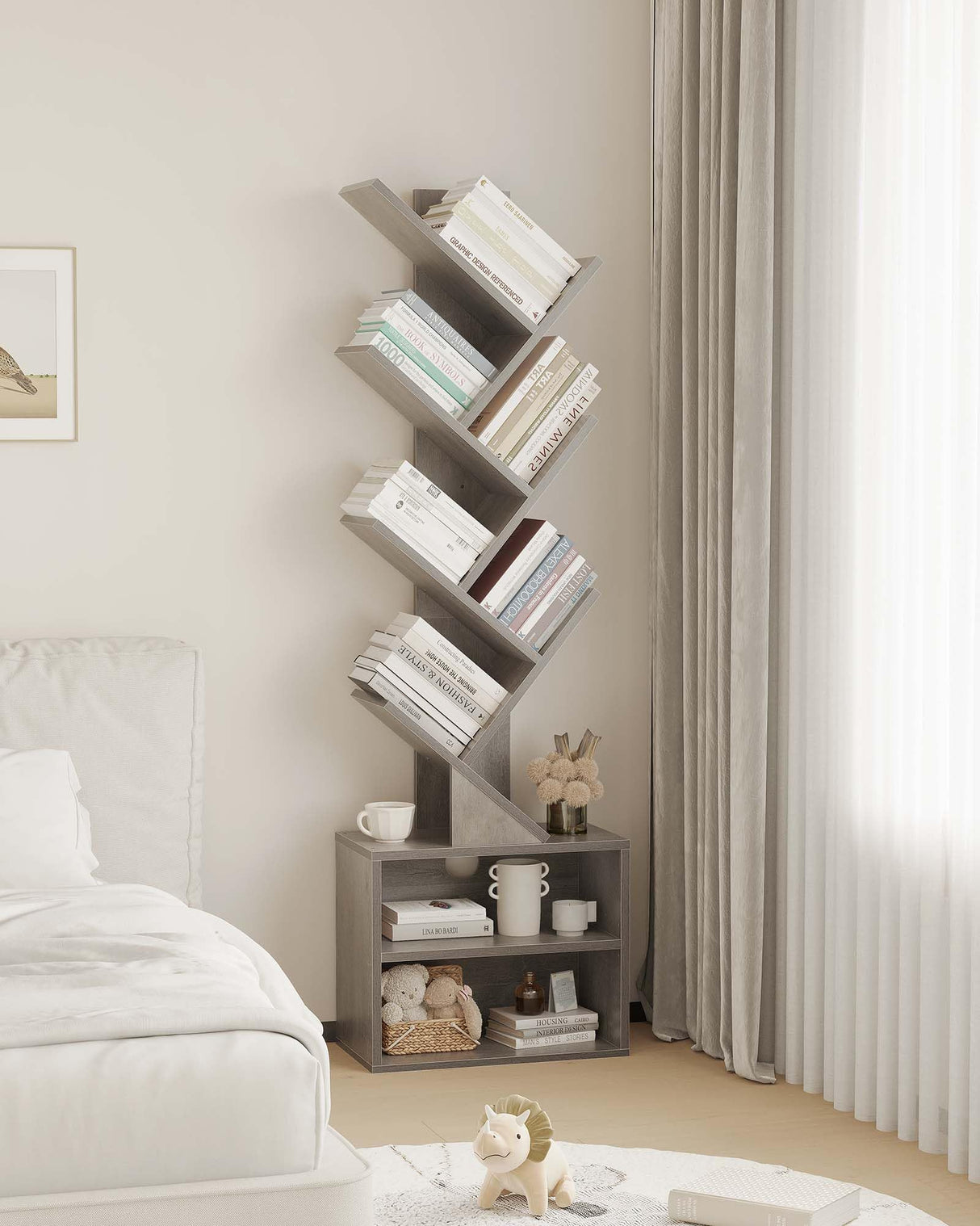 SUNMORY 6 Tier Tree Bookshelf, Tall Bookcase with Storage Cabinet, Modern Narrow Bookshelves Organizer, Floor Standing Book Shelf for Bedroom/Living Room/Home Office/Corner, Grey SUNMORY